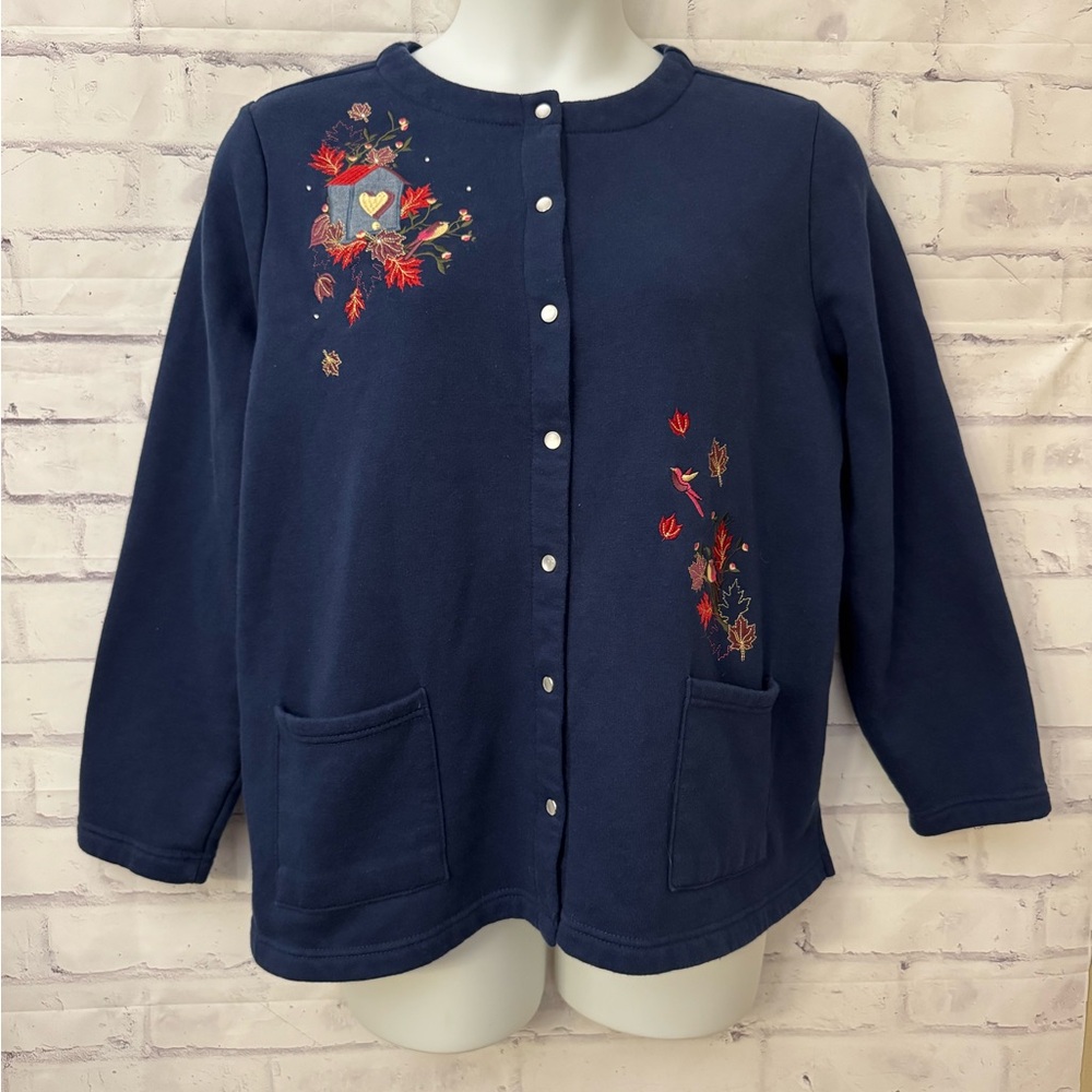 Breckenridge Woman 2X Grandmacore Y2K Sweatshirt Snap Birds Leaves Preppy Pocket